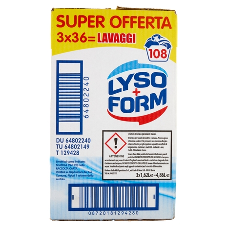 Lysoform Detresivo Igienizzante Classico 3x36=108 Lavaggi 3x1,62L